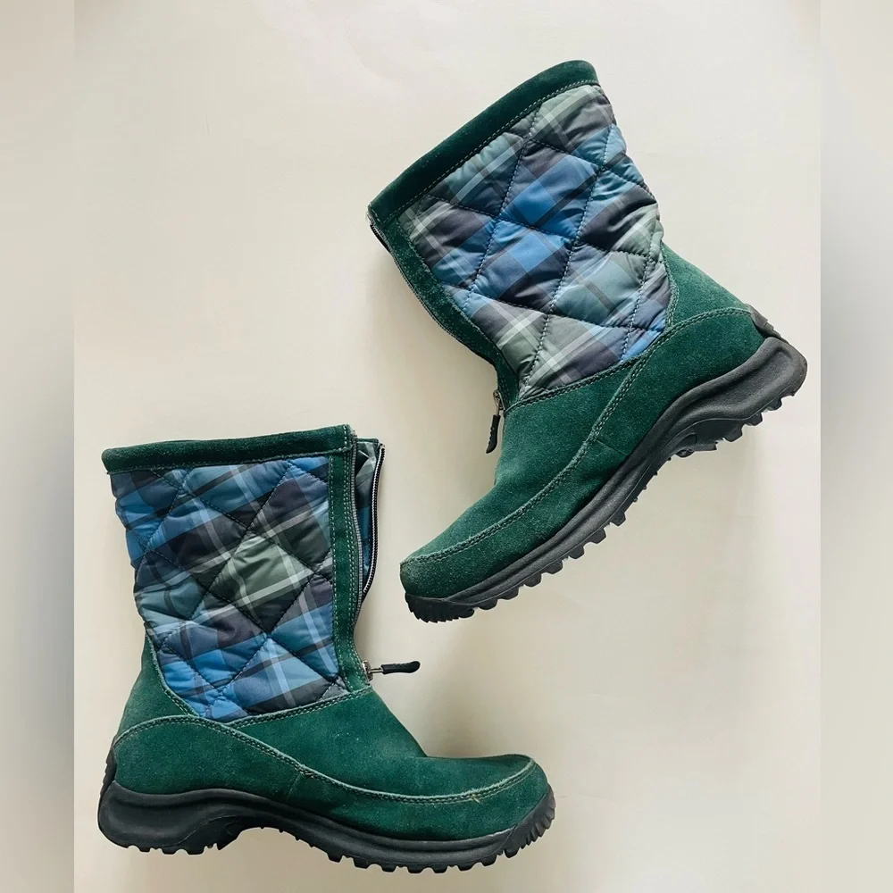 Lands’ End Vintage Green & Blue Plaid Suede Zip Winter Booties